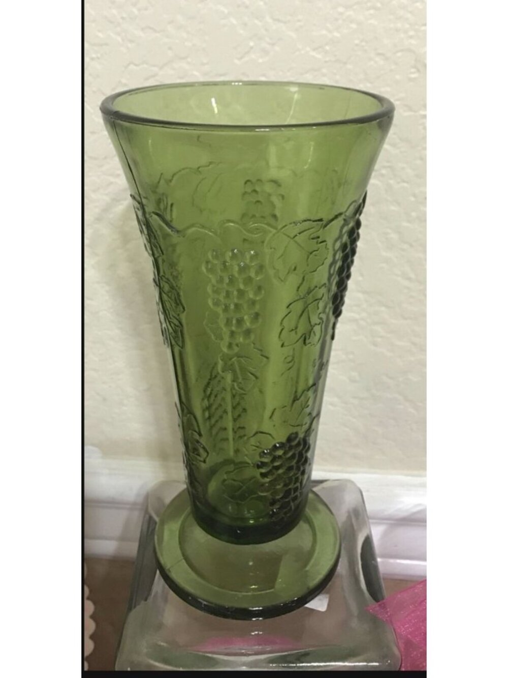 Vintage Green Depression Glass Vase With Embossed Grape & Leaf Design Tapered Sh